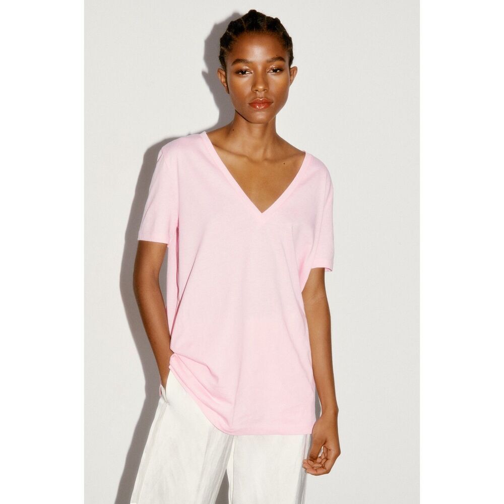 Pink Zara Basic V-Neck Short Sleeve Cotton T-Shirt (NWT)
